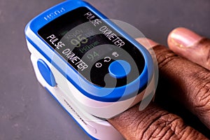Pulse oximeter device used to measure blood oxygen saturation along with heart rate. O2 Monitor Finger for Oxygen