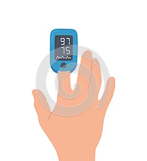 Pulse Oximeter on finger. Digital device to measure oxygen saturation.