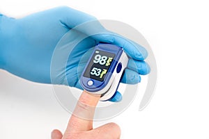 Pulse oximeter, finger digital device to measure oxygen saturation in blood on white