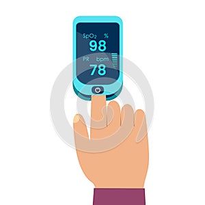 Pulse oximeter icon. human hand measuring pulse and blood oxygen. diagnosis of pneumonia.