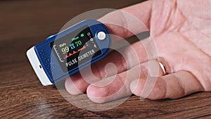 Pulse Oximeter Measures Pulse and Oxygen Saturation on a Male Finger Close-Up