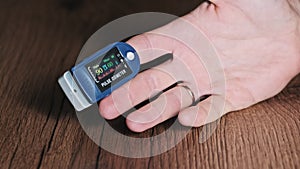 Pulse Oximeter Measures Pulse and Oxygen Saturation on a Male Finger Close-Up