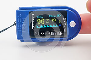 Pulse oximeter for monitoring of blood oxygen saturation SpO2, patient medical diagnostics pandemic, pulse heart rate