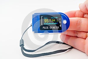 Pulse oximeter for monitoring. Medical diagnostics of patient in pandemic. Blood oxygen saturation SpO2. Pulse heart