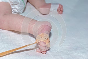 Pulse oximeter sensor on the foot of newborn baby at children`s hospital