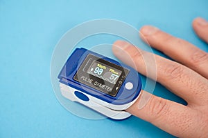 Pulse oximeter used to measure pulse rate and oxygen levels with hand