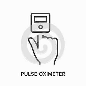 Pulse oxymeter flat line icon. Vector outline illustration of electronic health monitor. Medical black thin linear photo