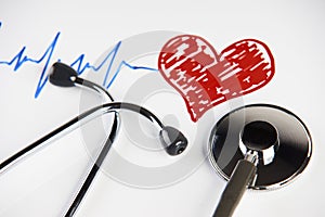 Pulse trace with red heart and medical stethoscope