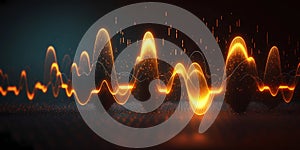 Pulse wave background visualization of sound waves. Abstract digital landscape or soundwaves with flowing particles.