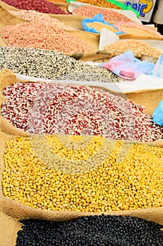 Pulses and Beans Displayed on Burlap Bags on Mexican Market