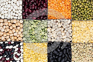 Pulses food background, assortment - legume, kidney beans, peas, lentils in square cells closeup top view.