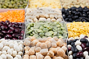 Pulses food background, assortment - legume, kidney beans, peas, lentils in square cells macro.