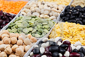 Pulses food background, assortment - legume, kidney beans, peas, lentils in square cells macro.