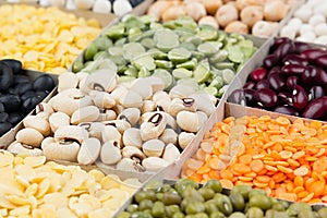 Pulses food background, assortment - legume, kidney beans, peas, lentils in square cells macro.