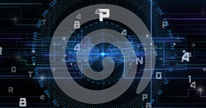 Pulsing central hub animating dashboard, with scale neonblue circuit lines floating characters