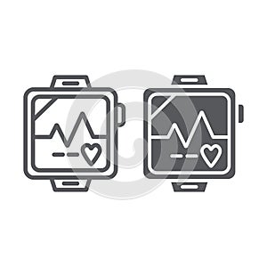 Pulsometer line and glyph icon, heart and cardio, heartbeat sign, vector graphics, a linear pattern on a white photo