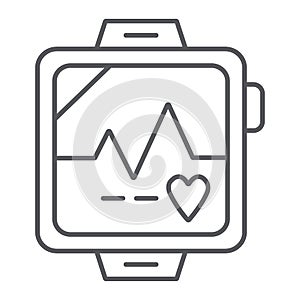 Pulsometer thin line icon, heart and cardio, heartbeat sign, vector graphics, a linear pattern on a white background.