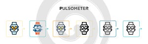 Pulsometer vector icon in 6 different modern styles. Black, two colored pulsometer icons designed in filled, outline, line and photo