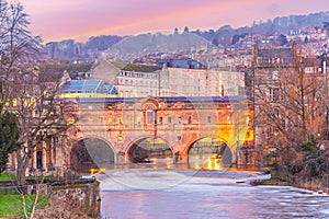 Pulteney Bridge spanning the River Avon, in Bath England