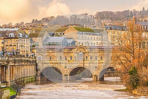 Pulteney Bridge spanning the River Avon, in Bath England