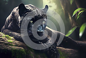 Puma, black panther on a tree branch. Generative Ai