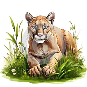 Puma in cartoon style. Cute Puma isolated on white background. Watercolor drawing, hand-drawn Puma in watercolor. photo