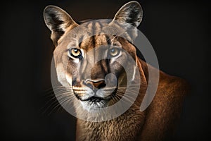 Puma close up portrait with beautiful eyes. Animal on black background. Generative AI