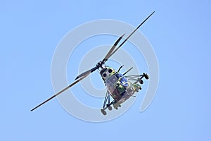 Puma Socat IAR - 99 military helicopter performing a demonstration flight. Military helicopter in camouflage colors