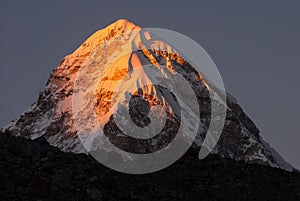 Pumori or Pumo Ri at sunset, Himalayas of Nepal.