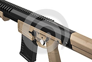 Pump-action 12 gauge shotgun isolated on a white back. A smooth-bore weapon with a plastic stock