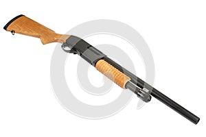 Pump action shotgun with a wooden