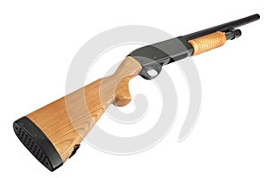 Pump action shotgun with a wooden