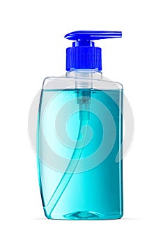 Pump bottle of blue liquid soap isolated on white