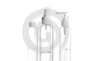 Pump bottle, empty sanitizer container for mineral cosmetic, soap shampoo isolated on white. Clear plastic blank cap for