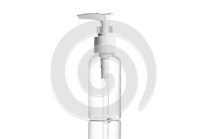 Pump bottle, empty sanitizer container for mineral cosmetic, soap shampoo isolated on white. Clear plastic blank cap for water,