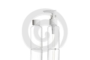 Pump bottle, empty sanitizer container for mineral cosmetic, soap shampoo isolated on white. Clear plastic blank cap for water,