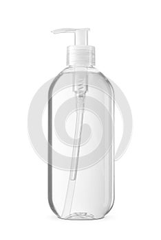 Pump bottle of transparent liquid soap isolated on white