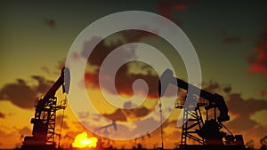 Pump jack industrial machine for petroleum in the sunset. Silhouette of a pump jack pumping oil against a red sky. 3D