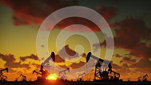 Pump jack industrial machine for petroleum in the sunset. Silhouette of a pump jack pumping oil against a red sky. 3D