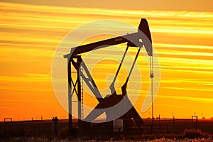 Pump jack in the oil field at sunset