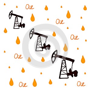 Pump jack on white background. text oil and drops