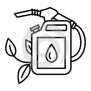 Pump nozzle with growing green leaf and fuel canister. Ecological biofuel concept. Eco friendly industry, alternative energy