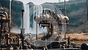 pump Steam punk waterfall of oil, with a landscape of pipes and valves, with a Dry Nur waterfall