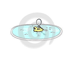 Pump yellow duck lifebelt. Vector simple Fun pool swimming. Stickman cartoon clipart. Hand drawn. Doodle sketch, graphic