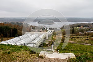 Pumped storage power plant. View of the water reservoir. View of