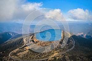Pumped water storage hydroelectric plant reservoir aerial view