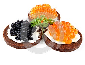 Pumpernickel bread with red and black caviar