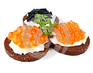 Pumpernickel bread with salmon, trout and sturgeon caviar