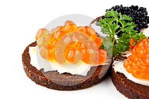 Pumpernickel bread topped with red caviar