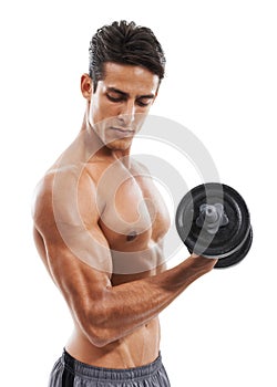 Pumping iron. A handsome shirtless young man lifting weights against a white background.